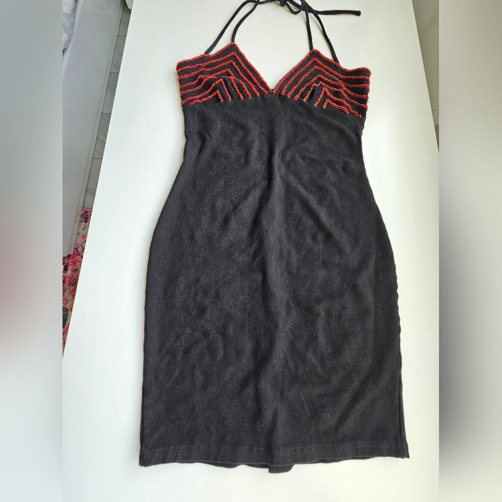 Hunza G Vintage Black With Crimson Beading Double Halter Strap Mini Dress - Picture 3 of 15